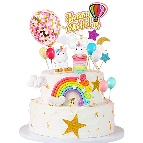 Coolba Cake Topper Unicorno, Decorazioni Torta Unicorno Finta Set Arcobaleno,Palloncino,Buon Compleanno,Nuvola,Decorazioni Torta Unicorno per Bambini Ragazza Baby Shower Festa di Compleanno 2