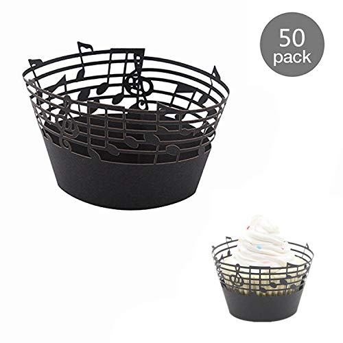 Fdit 50Pcs Cupcake Papper Wrapper Note Musicali Hollow out Wedding Birthday Party Decoration(Black)
