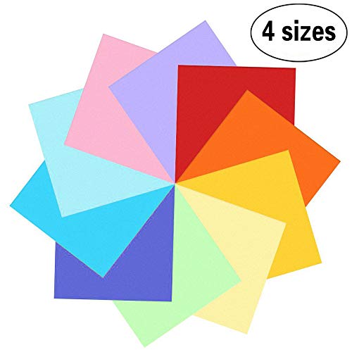 400 fogli colorati double face, carta per origami in 10 colori vivaci assortiti, 4 misure – 100 fogli da 20x20cm 15×15 cm 10×10 cm 7,5×7,5 cm + 100 occhietti 2