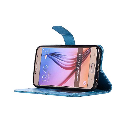 Cover Galaxy S6, SONWO PU Pelle Portafoglio Custodia Sbalzato Datura Modello Flip Libretto Custodia con Carte Credito Slot e Supporto Funzione per Samsung Galaxy S6, Blu 7