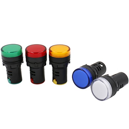 Heschen Spie luminose AD16-22D/S, a LED, da 22 mm, 24 V CC, 20 mA, confezione da 5 pezzi, colori rosso, verde, giallo, blu, bianco