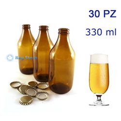Avir 30 Bottiglie bottiglia vetro per birra bassa 330 ml – 33 cl con tappi corona Oro