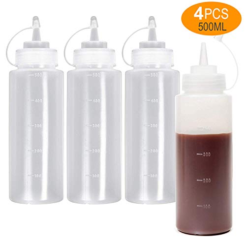 4 Pezzi Flacone Dosatore con Tappi, 500ml – Bottiglia Squeeze di Plastica, Dispenser per Salsa Condimento Ketchup Maionese Olio Sciroppo – a Prova di Perdite e Senza BPA.