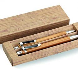 notrash2003®, set di 2 penne a sfera in legno di bambù, sostenibile, elegante, con portamine a pressione e astuccio in cartone