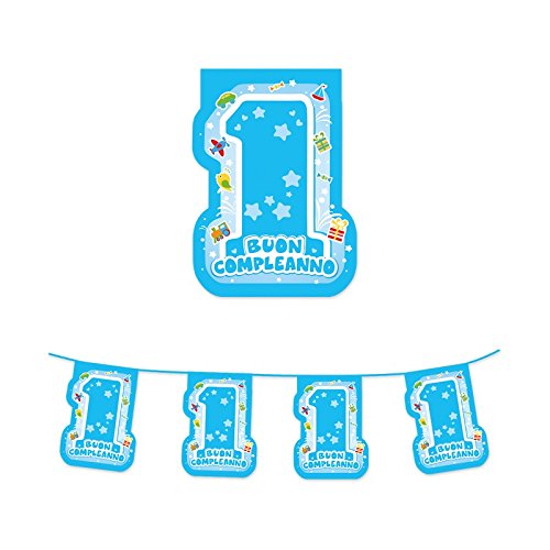 Big Party- Festone Bandierine Sagomate 1° Primo Compleanno, Colore Azzurro, 61649